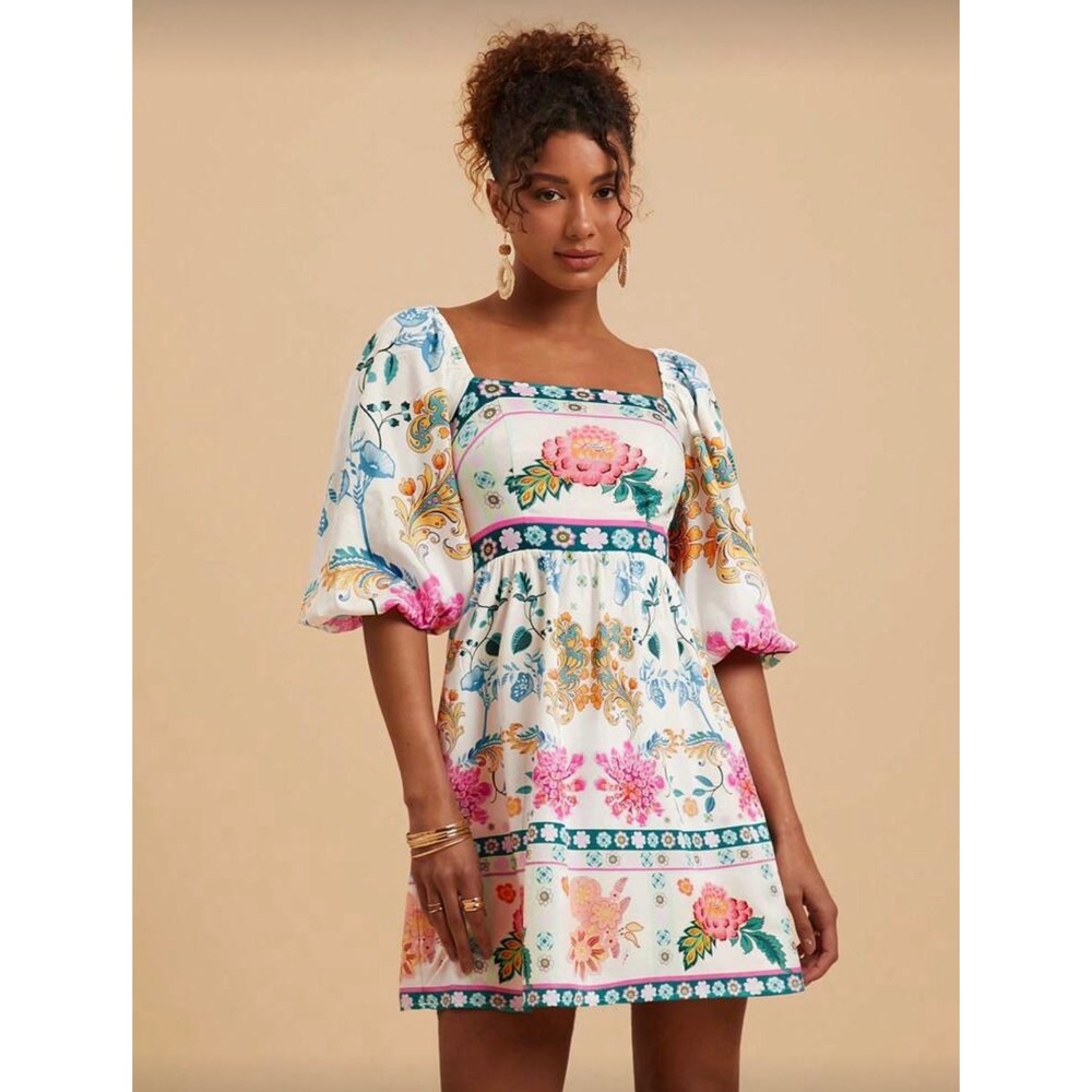 Floral Print Puff Sleeve Smocked Back Tie Back Mini Dress White Multi‎ LARGE